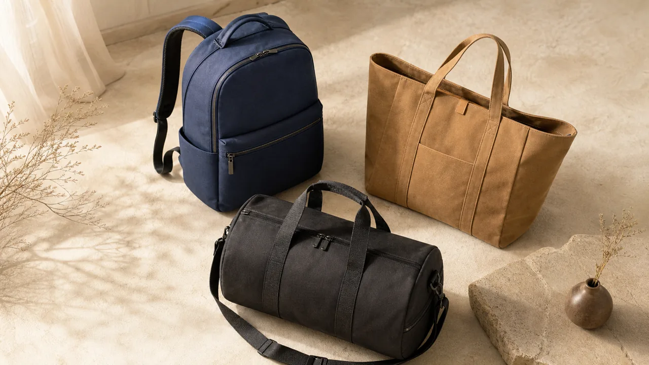 Custom OEM bag collection — navy backpack, tan tote bag, and duffel bag on cream surface
