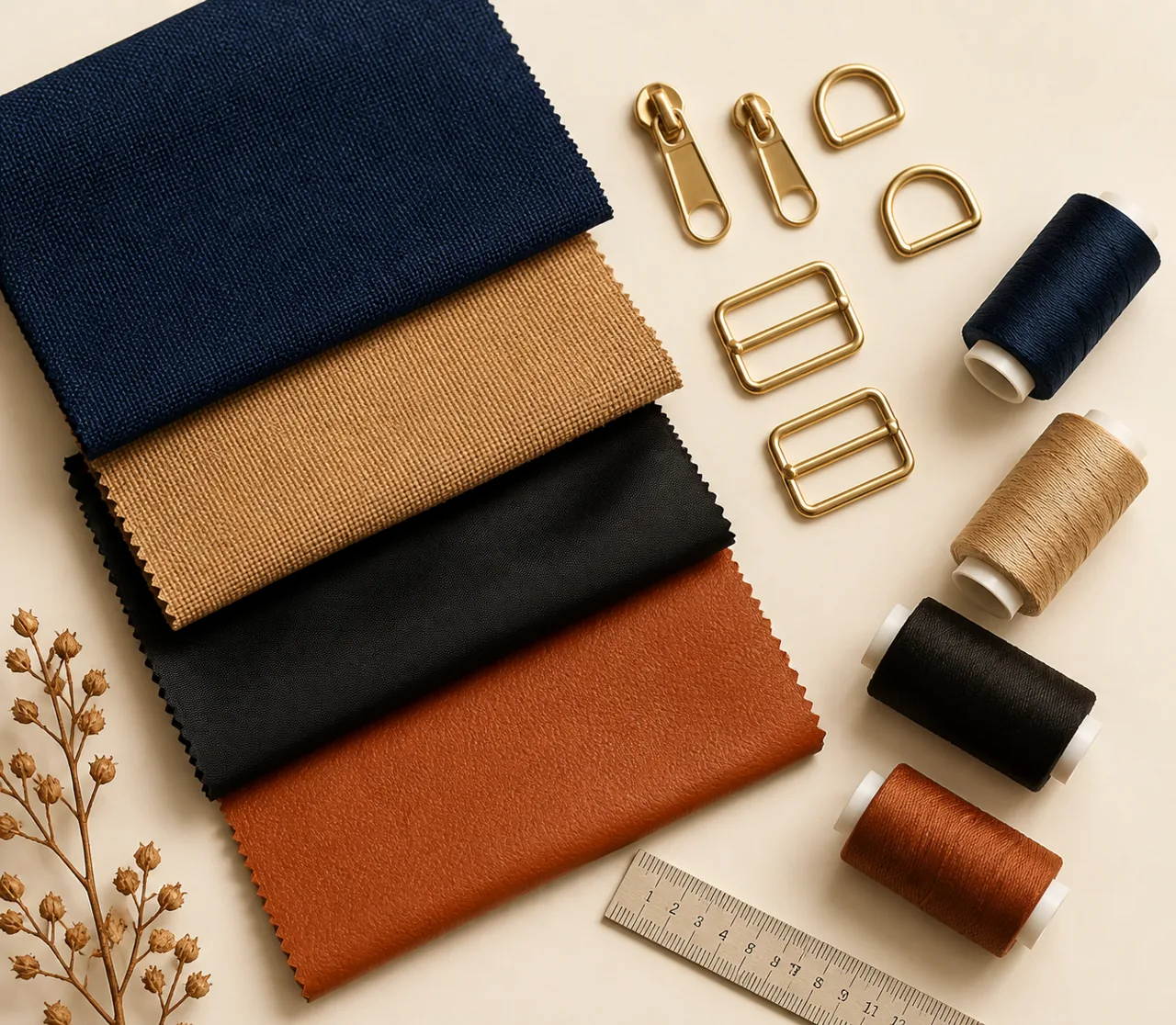 Bag manufacturing material swatches — polyester, nylon, canvas, PU leather, hardware details